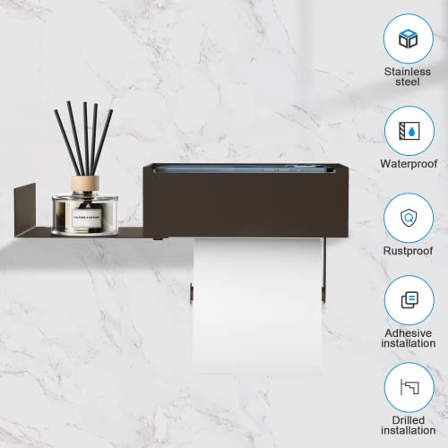Toilet Paper Holder with Shelf, FUNLEU Flushable Wipes Dispenser for Bathroom, Self Adhesive Toilet Paper Holder with Storage - Stainless Steel Toilet Holder Keep Wipes Hidden Out of Sight, Bronze - color: Bronze