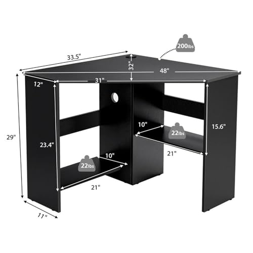Pemberly Row Corner Computer Desk, Black Finish, Compact Triangle Design, Cable Management Holes, Spacious Storage Shelves, Scratch-Resistant Surface, Versatile Home Office or Bedroom Workstation