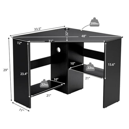 Pemberly Row Corner Computer Desk, Black Finish, Compact Triangle Design, Cable Management Holes, Spacious Storage Shelves, Scratch-Resistant Surface, Versatile Home Office or Bedroom Workstation
