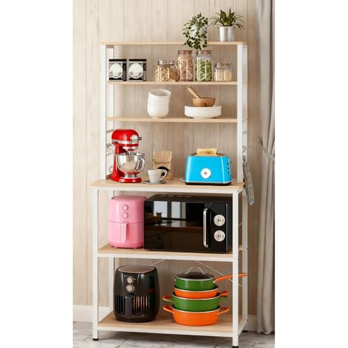 39.4 inches Bakers Rack with Storage, Small Coffee Bar Cart 6 Tiers, Microwave Stand Station with 6 Hooks, Adjustable Shelf, Freestanding Kitchen Appliance Organizer, Golden Oak