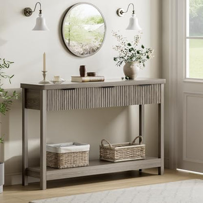Fluted Console Table, 51 Inch Entryway Table with 3 Drawers | Scandi farmhouse look with quiet full-extension slides, open lower shelf, profile for hallway, entry, foyer or behind sofa. - color: Dark Gray