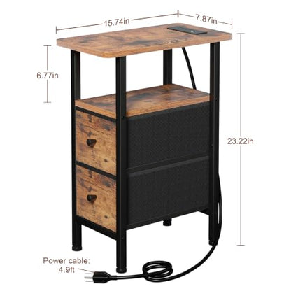 LOAKEKEL Narrow Nightstand with Charging Station, End Tables Living Room | Set of 2, Skinny Side Table with 2 Fabric Drawers, Small Sofa Table with LED Light for Bedroom, Brown - color: Rustic Brown + Black, style: Power + Light