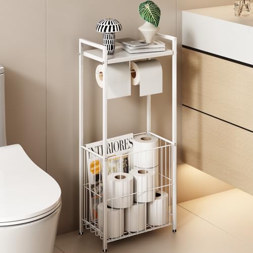VOLDRA Toilet Paper Holder Stand with Storage Shelf, Free Standing Toilet Paper Roll Holder with Large Basket Heavy Duty Floor Double Tissue Dispenser for Bathroom Freestanding Tp Holder (Matte White) - color: White, size: Free Standing