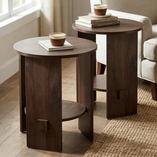 Round End Table with 2-Tier Storage Set of 2, 15.5” Small Side Table for Living Room, Modern Nightstand with Open Shelf, Compact Accent Table for Bedroom, Sofa Side, Small Spaces (Walnut) - color: Walnut
