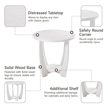 COZAYH Rustic Farmhouse end Table X 2P with Storage Shelf, French Country Accent Side Table for Family, Dinning or Living Room, Small Spaces, Modern, Round, White - color: White