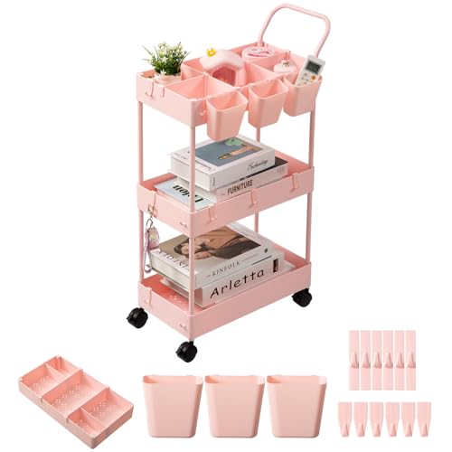 danpinera Slim Storage Cart, 3 Tier Narrow Rolling Cart on Wheels Bathroom Organizer with Dividers Handle Hanging Cups Hooks for Laundry Room Kitchen Small Spaces, Pink - style: 3 Tier Pink