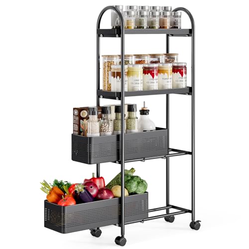 KINGRACK 4-Tier Slim Storage Cart with Pull Out Basket, Rolling Bathroom Organizer Utility, Metal Shelving Unit Slide Out, Lockable Wheels, Easy Assembly for Narrow Place, Kitchen, Laundry Room, Black - color: Black, size: 4 Tier-2BKT