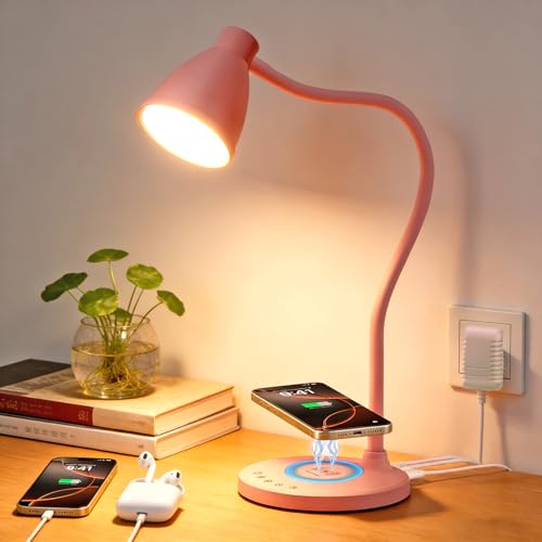 BOHON Cute Desk Lamp for Home Office with USB C+A Charging Port Timer Pink | LED Desk Light with Wireless Charger 5 Colors Stepless Dimming Reading Light Touch Bedside Table Lamp for College Dorm Room - color: Pink