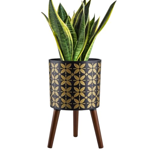 10 Inch Plant Pot with Stand, Planter for Indoor Plant Mid-Century with Drainage Holes for Outdoor,Black and Gold - color: Black Gold, size: 10 Inch