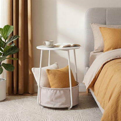 Modern Round Side End Table with Fabric Storage Basket, Matte White and Camel Brown, Contemporary Nightstand (White) - color: White