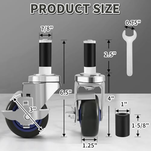 Besitu 3 Inches Prep Table Wheels Set of 4, Expanding Stem Caster Fit 7/8" and 1" ID Tube Leg with Side Brake for Stainless Steel Table, Cart, Furniture Legs, Commercial Kitchen Appliances, Workbench - style: 3 Inch