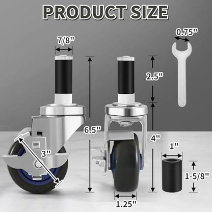 Besitu 3 Inches Prep Table Wheels Set of 4, Expanding Stem Caster Fit 7/8" and 1" ID Tube Leg with Side Brake for Stainless Steel Table, Cart, Furniture Legs, Commercial Kitchen Appliances, Workbench - style: 3 Inch