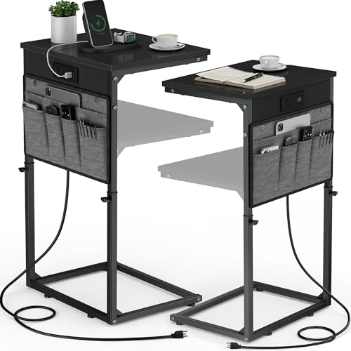 Vagusicc C-Shaped End Table Set of 2 with Charging Station, Small Side Table for Couch, Adjustable Height Couch Side Table, Slide Under Sofa Table TV Tray Tables for Living Room,Bedroom,Bedside, Black - color: 2pc Black
