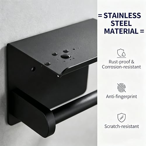 Stainless Steel Wall Mounted Toilet Paper Holder with Phone Stand - Bathroom Accessory for Mega Rolls (Matte Black)