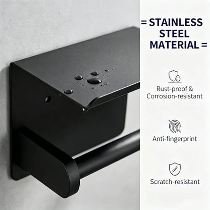 Stainless Steel Wall Mounted Toilet Paper Holder with Phone Stand - Bathroom Accessory for Mega Rolls (Matte Black)