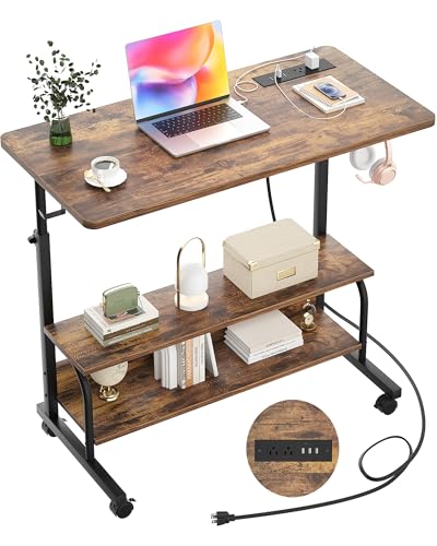 Armocity Rolling Standing Desk with Charging Station, Portable Height Adjustable Mobile Computer Desk with Wheels & 2-Tier Shelves & Hooks, Easy Assembly Laptop Table for Couch Bed, 32" Rustic Brown - color: Rustic Brown, size: 32''