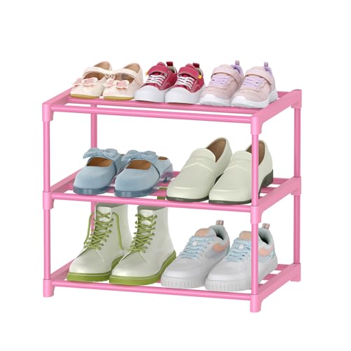 HITHIM 3-Tier Pink Shoe Racks for Women/Girls/Kids' Closet, Small Shoe Storage for 5-7 Pairs, Lightweight Stackable Shoe Shelf Organizer for Entryway, Front Door Entrance, Bedroom - color: Pink, size: 3-Tier