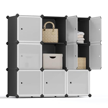 SONGMICS Cube Storage Organizer, Set of 9 Plastic Cubes, Closet Storage Shelves, DIY Plastic Closet Cabinet, Modular Bookcase, Shelving with Doors for Bedroom, Living Room, Black and White ULPC116HS