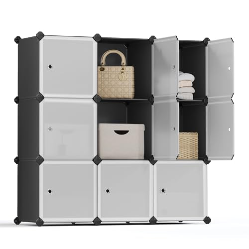 SONGMICS Cube Storage Organizer, Set of 9 Plastic Cubes, Closet Storage Shelves, DIY Plastic Closet Cabinet, Modular Bookcase, Shelving with Doors for Bedroom, Living Room, Black and White ULPC116HS