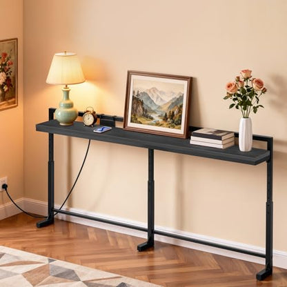 70.9'' Narrow Console Table with Adjustable Height (27.6''-35.4''), Behind Couch Table Skinny with Outlet, Long Entryway Table, Couch Table Behind Sofa for Living Room, Black CT21UBB - color: Black, size: 70.9"L x 6.7"W x 27.6"H - 35.4"H