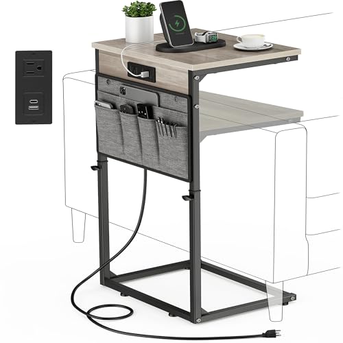Vagusicc C-Shaped End Table with Charging Station, Small Side Table for Couch, 33" Tall C Table Adjustable Height Side Table, Couch Tables that Slide Under, Sofa Table TV Tray for Living Room,Gray - color: 1pc Greige