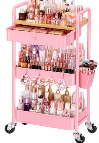 3 Tier Pink Rolling Cart with Drawer, Metal Utility Makeup Storage Cart with Wood Table Top on Wheels, Make up Carts Organziers for Hair, Lash, Nail Polish Supplies, Vanity Carts Shelves for Bathroom - color: Pink