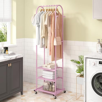 Kaitiemoo Heavy Duty Clothing Rack With Wheels,Modern Garment Rack With 3 Metal Shelves, 71.8Inches Display Rack For Hanging Clothes, Hanging Rod For Small Space,Pink - color: Pink