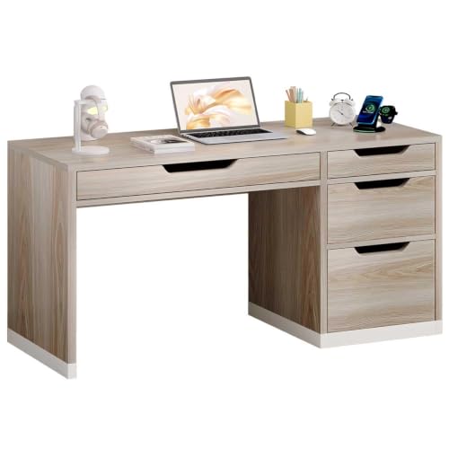 MaverickFurni 52 Inch Computer Desk with 4 Drawers, Light Walnut | 4 storage drawers, home office workspace for bedrooms and small spaces, suitable for computer work, writing, and study - color: Light Walnut, size: 52 Inch