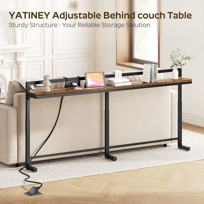 70.9'' Narrow Console Table with Adjustable Height (27.6''-35.4''), Behind Couch Table Skinny with Outlet, Long Entryway Table, Couch Table Behind Sofa for Living Room, Rustic Brown CT21UBR - color: Rustic Brown + Black, size: 70.9"L x 6.7"W x 27.6"H - 35
