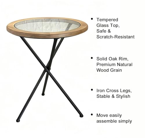 Minimalist Mid-Century Modern Round End Table, Solid Wood Tempered Glass Side Table, Accent Table with Metal Tripod Legs for Living Room, Bedroom, Balcony, Office & Small Spaces (17.22" D x 21.26" H)