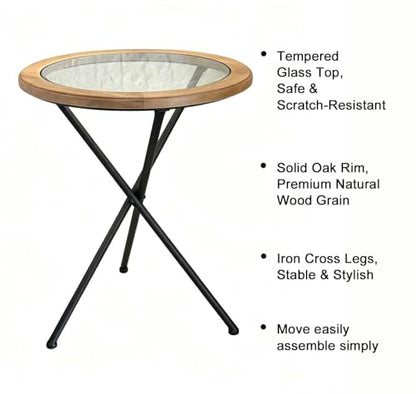 Minimalist Mid-Century Modern Round End Table, Solid Wood Tempered Glass Side Table, Accent Table with Metal Tripod Legs for Living Room, Bedroom, Balcony, Office & Small Spaces (17.22" D x 21.26" H)