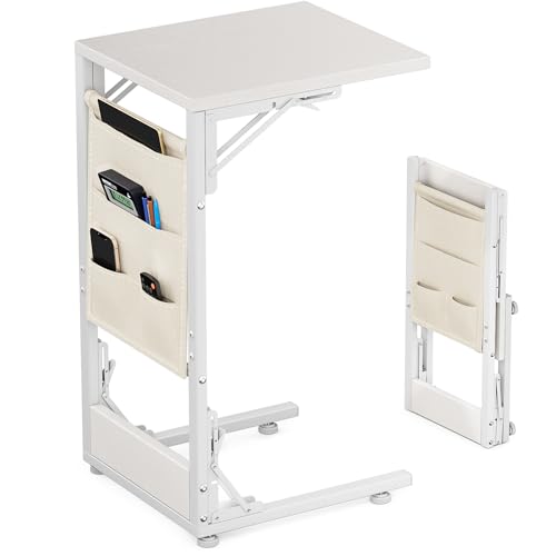 Folding TV Tray Table, Small Folding Side Table with Storage Bag, Portable C Shaped End Table for Couch Sofa Bed, White - color: White, size: 11.8" x 15.7" x 28.8"