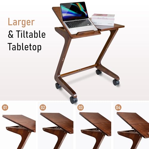 TV Tray Table with Casters, Solid Rubberwood End Tables, Sofa Side Table Couch Table Laptop Desk Removable Snack Tray for Coffee Bed Sofa Eating Writing Reading Living Room Bedroom, Dark Walnut - color: Dark Walnut