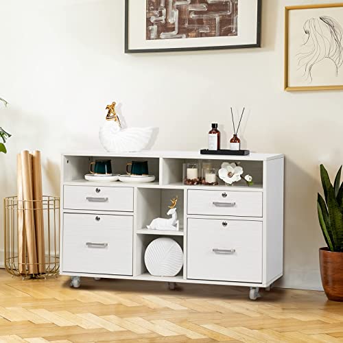 VINGLI Wood Mobile File Cabinet with 4 Drawers and Shelves, Printer Stand with Open Storage, Lockable Lateral Filing Cabinet for Home Office, Assembly Required, Light Beige Close to White - color: White