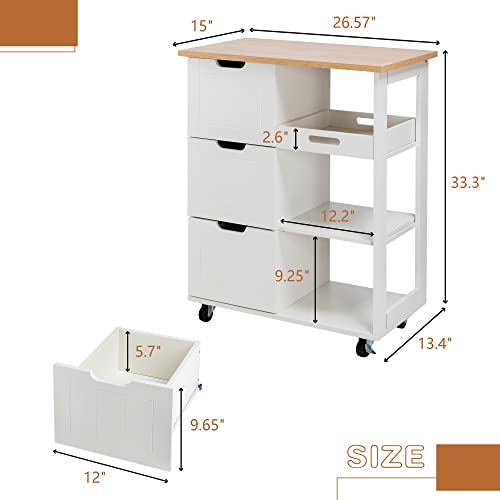 SUNLEI Kitchen Island with Storage Cart Rolling Moveable Microwave Microwave cart with 3 Drawers on Wheels Portable Mobile Narrow Kitchen Island, White - size: 26.6 INCH, style: White
