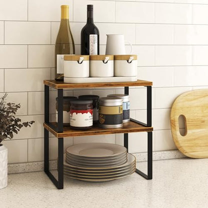 Kitchen Cabinet Organizer Shelf Set of 4, Sturdy Kitchen Counter Shelves with Metal Legs, Stackable Expandable Wood Spice Rack Pantry Cupboard Dish Mug Cup Storage Organizer Shelf, Rustic Brown - color: Rustic Brown