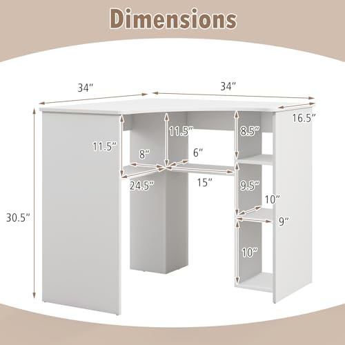 Small Corner Desk with Storage, Triangle Corner Gaming Desk with Adjustable Shelves, Compact Vanity Desk, L-Shaped Corner Computer Desk for Small Space, Bedroom, Living Room (White)