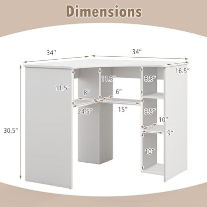Small Corner Desk with Storage, Triangle Corner Gaming Desk with Adjustable Shelves, Compact Vanity Desk, L-Shaped Corner Computer Desk for Small Space, Bedroom, Living Room (White)