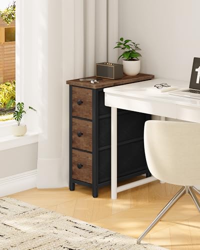 CHOEZON Narrow Side Table with 3 Fabric Drawers, Industrial Slim Bedside Table for Small Spaces, Bedroom, Living Room, Dormitory, Rustic Brown and Black TBZ09BF - color: Rustic Brown + Black