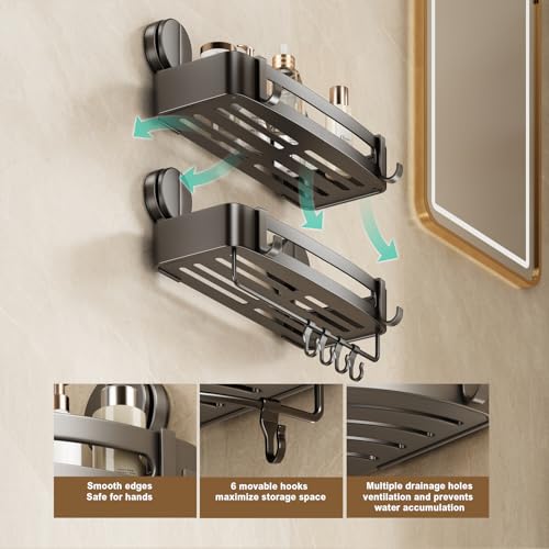 VOLPONE Shower Caddy Suction Cup, 2 Pack Corner Shower Shelves No Drilling, Showers Organizer Storage with Towel Bar & Removable Hooks, Bathroom Shower Shelf Rack for Inside Showers