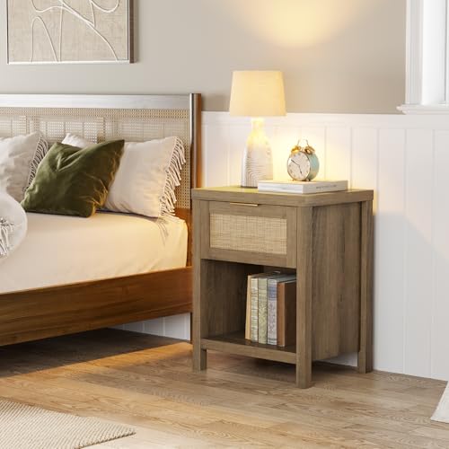 Eclatara Rattan Nightstand Set 2: Boho End Table with Drawer and Storage Shelf, Farmhouse Cane Accent Bedside Night Stands for Bedroom Small Space Sofa (2, Caramel Oak) - color: Caramel Oak (Medium 1 Drawer)