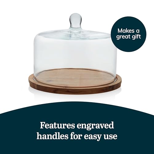 Libbey Acacia Wood Cake Stand with Lid, Ball Top Handle Cake Holder with Lid, Covered Pastry Holder, Durable Glass Dome Cover - color: Flat Round