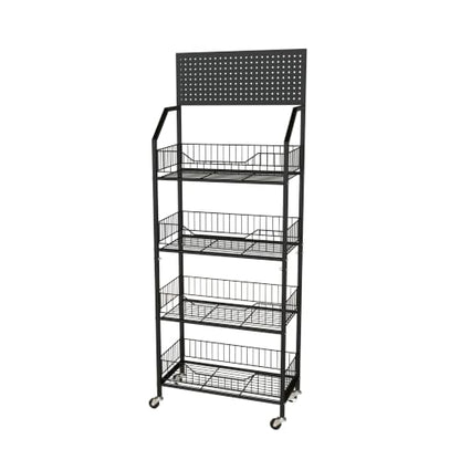 4 Tier Supermaket Storage Rack, Snack Rack Display Stand, Retail Display Organizer Stand with Hooks & Wheels, Metal Snack Shelf for Store Home Kitchen, Black Chip Rack Display Stand (4 Tier) - size: 4 Tier（19.7inch）