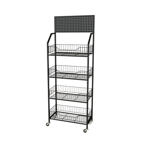 4 Tier Supermaket Storage Rack, Snack Rack Display Stand, Retail Display Organizer Stand with Hooks & Wheels, Metal Snack Shelf for Store Home Kitchen, Black Chip Rack Display Stand (4 Tier) - size: 4 Tier（19.7inch）