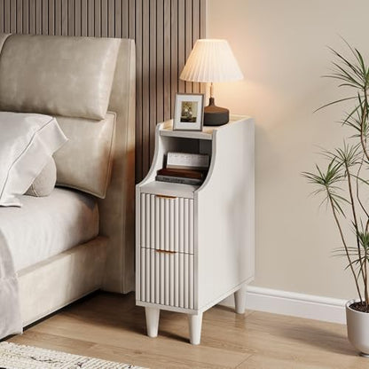 7.9" Narrow Fluted Nightstand Set of 2,Slim Side End Table with 2 Drawers,Black Modern Bedside Table,Skinny Night Stand for Small/Compact Space, Motorhome (White) - color: White