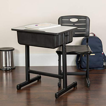 Flash Furniture Adjustable Student Desk and Chair Set for Classrooms or Remote Learning, Adjustable School Desk with Chair and Book Box, Gray/Black | Black Pedestal Frame, Adjustable , Commercial Use