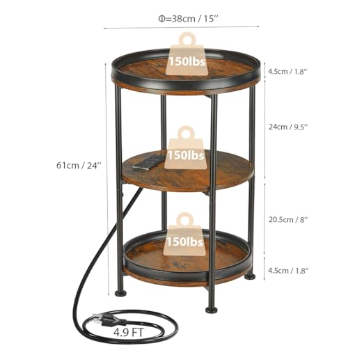 Dulcii Round Side Table with Charging Station, End Table with 3 Shelves for Living Room, Bedroom Nightstand for Small Spaces, Industrial Round Sofa Table with Steel Frame (USB+Rustic Brown) - color: Rustic Brown, style: With Outlets