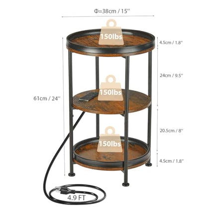 Dulcii Round Side Table with Charging Station, End Table with 3 Shelves for Living Room, Bedroom Nightstand for Small Spaces, Industrial Round Sofa Table with Steel Frame (USB+Rustic Brown) - color: Rustic Brown, style: With Outlets