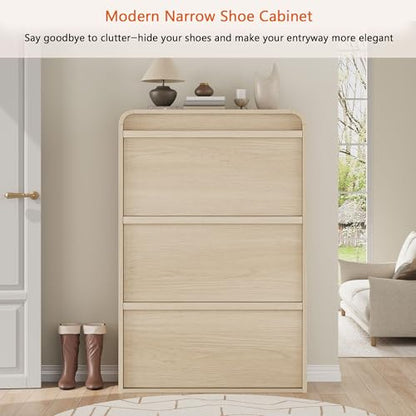 Garvee Shoe Cabinet with 3 Flip Drawers, Modern Narrow Shoe Storage Cabinet Organizer with Adjustable Shelf, 46" Tall Hidden Freestanding Shoe Rack Cabinet for Entryway, Hallway, Natural Oak - color: Natural Oak