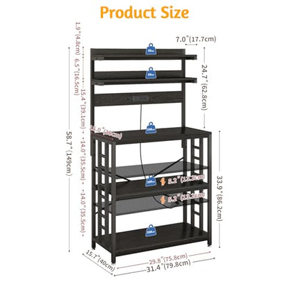 METYERRY Adjustable Bakers Rack with Power Outlet,Coffee Bar Station with Led Lights,Microwave Stand with Storage,5-Tier Kitchen Shelf,Kitchen Storage Rack for Spices, Pots and Pans,Black - color: Black